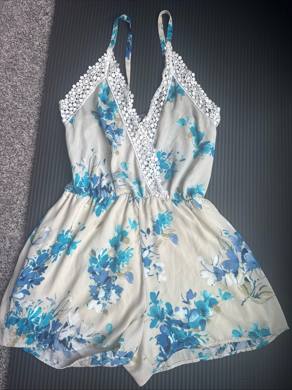 Blue Floral Crochet-Trim romper